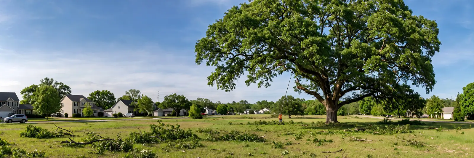 Tree worker trimming a large canopy from the ground at a distance
